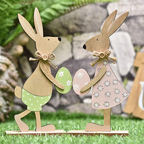 Victor’s Workshop Pezzi 2 Decorativo di Pasqua Ornamenti in Legno Pasquale Conigli da con Uova 26 cm per la Decorazione di Pasqua – Rosa/Verde - 6