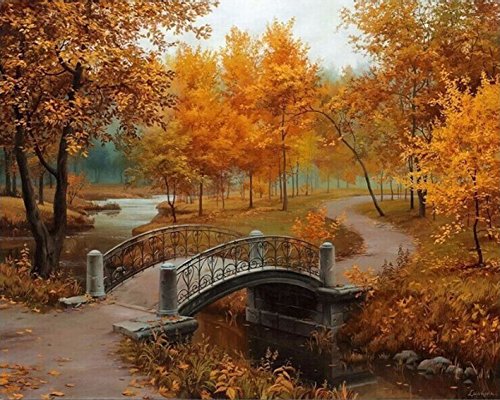 Rihe – Dipinto a olio fai da te “dipingi coi numeri”, con telaio in legno, tema ‘ponte sul fiume e alberi’, stampa su tela da parete, decorazione artistica per la casa - 2
