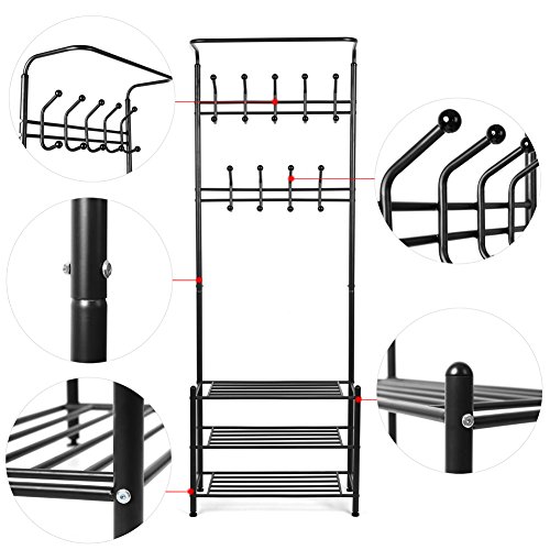 HOMFA Scaffale Appendiabiti Stand Attaccapanni Mobile in Ferro con 20 Ganci + 3 Piani per Ingresso Casa Bagno Altezza 190cm Carico 60kg (Nero) - 3