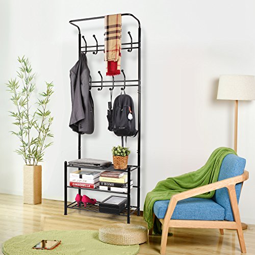 HOMFA Scaffale Appendiabiti Stand Attaccapanni Mobile in Ferro con 20 Ganci + 3 Piani per Ingresso Casa Bagno Altezza 190cm Carico 60kg (Nero) - 4