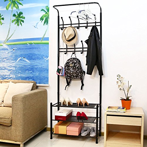 HOMFA Scaffale Appendiabiti Stand Attaccapanni Mobile in Ferro con 20 Ganci + 3 Piani per Ingresso Casa Bagno Altezza 190cm Carico 60kg (Nero) - 6