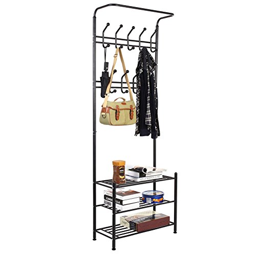 HOMFA Scaffale Appendiabiti Stand Attaccapanni Mobile in Ferro con 20 Ganci + 3 Piani per Ingresso Casa Bagno Altezza 190cm Carico 60kg (Nero) - 8