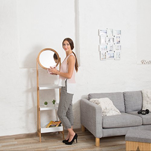 Relaxdays Bagno scaletta scaffale, in Piedi in bambù con Specchio, 3 Ripiani con Supporto, Altezza x Larghezza x profondità: 162 x 43 x 36 cm, Beige-Bianco - 2