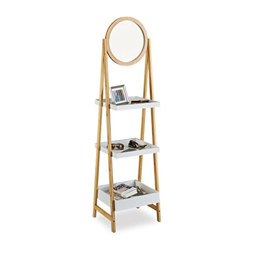 Relaxdays Bagno scaletta scaffale, in Piedi in bambù con Specchio, 3 Ripiani con Supporto, Altezza x Larghezza x profondità: 162 x 43 x 36 cm, Beige-Bianco - 3