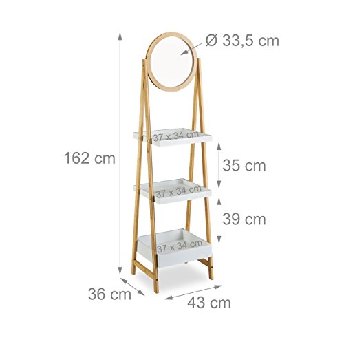 Relaxdays Bagno scaletta scaffale, in Piedi in bambù con Specchio, 3 Ripiani con Supporto, Altezza x Larghezza x profondità: 162 x 43 x 36 cm, Beige-Bianco - 4