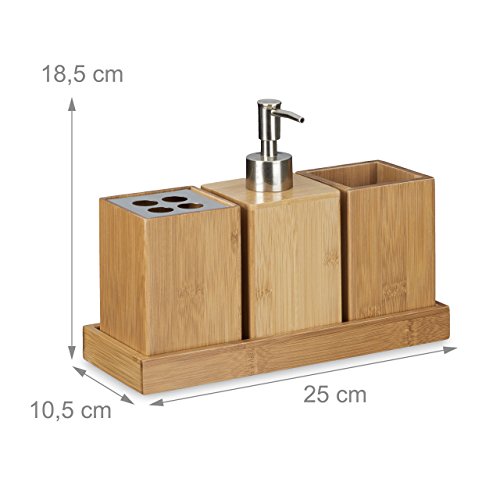 Relaxdays Set porta accessori per bagno, con porta-spazzolini e porta-sapone, 4 pezzi totali, in colore naturale - 2