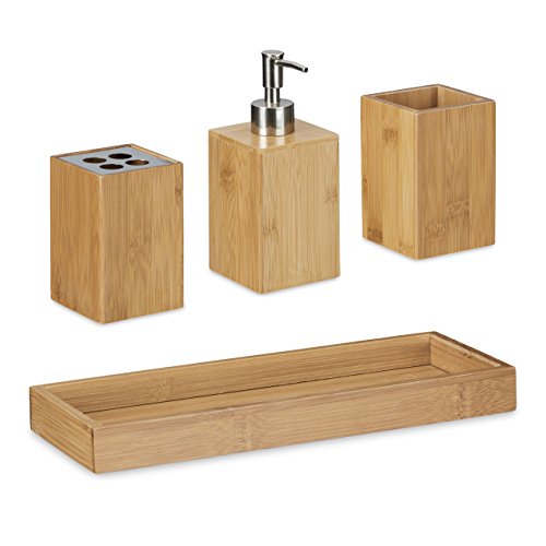 Relaxdays Set porta accessori per bagno, con porta-spazzolini e porta-sapone, 4 pezzi totali, in colore naturale - 3