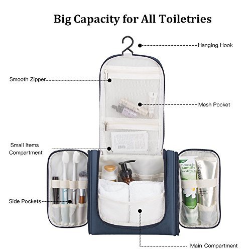 Beauty Case da Viaggio, AGPTEK Borsa per Toilette Impermeabile con Gancio e Maniglia per Organizzare Accessori Bagno, Trucco, Cosmetici, kit di Rasatura e Creme ect, (Blu Scuro) - 3
