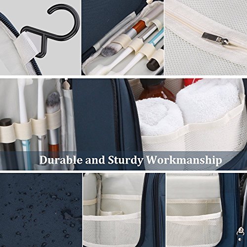 Beauty Case da Viaggio, AGPTEK Borsa per Toilette Impermeabile con Gancio e Maniglia per Organizzare Accessori Bagno, Trucco, Cosmetici, kit di Rasatura e Creme ect, (Blu Scuro) - 4
