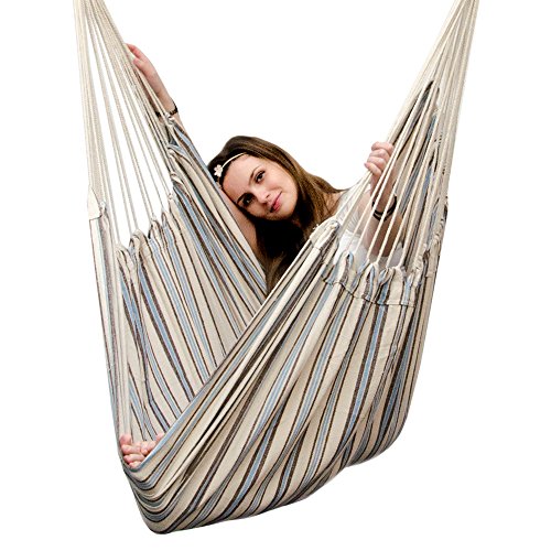 AMANKA Amaca per sedersi 2 Persone 150kg Sedile sospeso a 2 posti Poltrona di Cotone 185x130cm incl Perno Girevole 360° Righe Azzurre e Marroni - 3