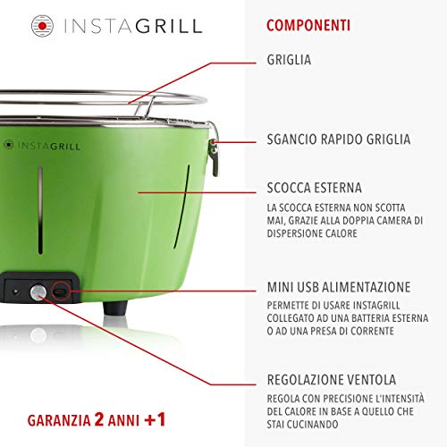 Classe Italy InstaGrill Barbecue Senza Fumo, a Carbone, Portatile, Verde, 36x36x22 cm - 4
