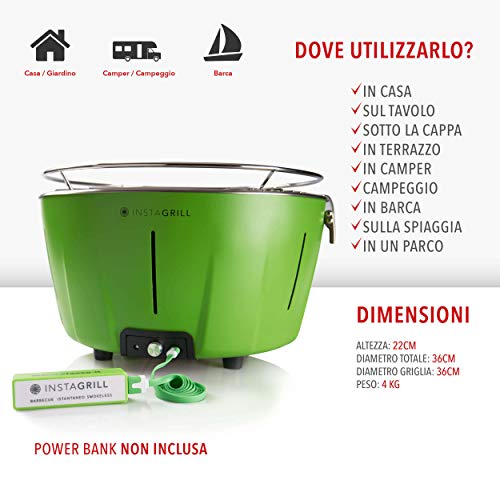 Classe Italy InstaGrill Barbecue Senza Fumo, a Carbone, Portatile, Verde, 36x36x22 cm - 7