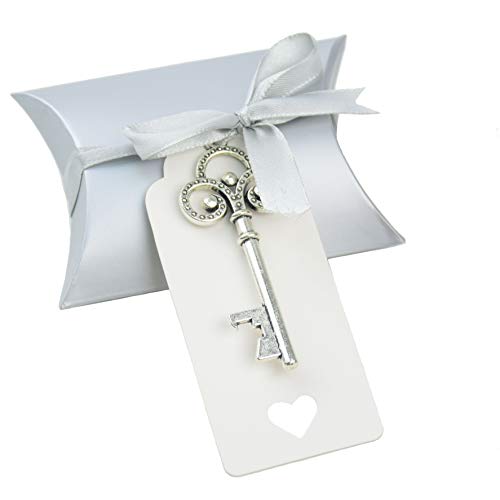 50pcs Vintage Skeleton Chiave Apribottiglie Bomboniera Souvenir Regalo Set Cuscino Contenitore di Caramelle Carta Regalo Escort Grazie Tag Francese Nastro (Argento) - 2