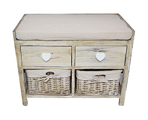 Rebecca Mobili Panca Legno e Vimini, panchina 4 cassetti, Beige, Shabby Chic, per Ingresso Camera - Misure: 47,5 x 62 x 33,5 cm (HxLxP) - Art. re4159 - 2