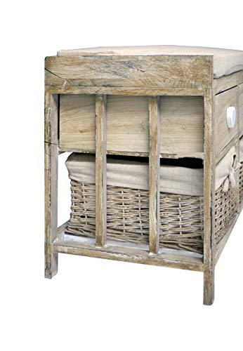 Rebecca Mobili Panca Legno e Vimini, panchina 4 cassetti, Beige, Shabby Chic, per Ingresso Camera - Misure: 47,5 x 62 x 33,5 cm (HxLxP) - Art. re4159 - 4