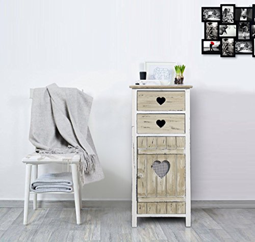 Rebecca Mobili Armadietto Shabby, cassettiera Camera da Letto, 2 cassetti 1 Anta, Stile Shabby, Legno paulonia, Bianco Beige - Misure: 84 x 37 x 31 cm (HxLxP) - Art. RE4415 - 2