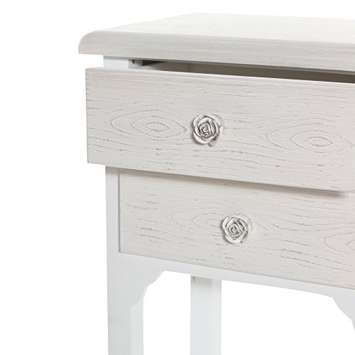 Comodino in stile shabby chic bianco con due cassetti e un ripiano. Bellissimo comodino in legno mdf decorato con pomelli a rosa in resina. Dimensioni: 37x26x70 cm - 2
