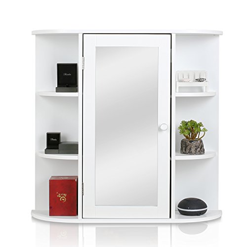 HOMFA Stile Rustico Armadietto Arredo Specchio a Parete, Mobiletto in Legno da Muro, Cremagliera Scaffale Cucina/Bagno e Decoazione Salotto Bianco con Specchio - 4