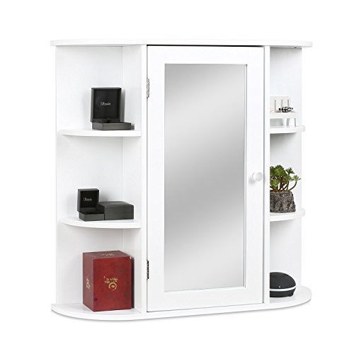 HOMFA Stile Rustico Armadietto Arredo Specchio a Parete, Mobiletto in Legno da Muro, Cremagliera Scaffale Cucina/Bagno e Decoazione Salotto Bianco con Specchio - 5