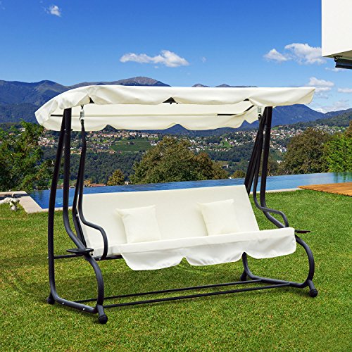 Outsunny Dondolo da Giardino Tre Posti Trasformabile in Letto con Cuscini 200 × 120 × 164cm Crema - 2