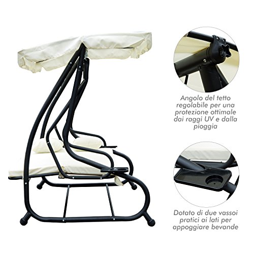 Outsunny Dondolo da Giardino Tre Posti Trasformabile in Letto con Cuscini 200 × 120 × 164cm Crema - 5