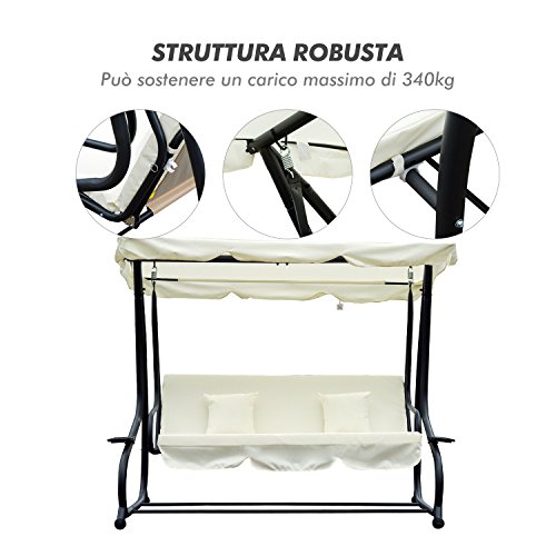 Outsunny Dondolo da Giardino Tre Posti Trasformabile in Letto con Cuscini 200 × 120 × 164cm Crema - 6