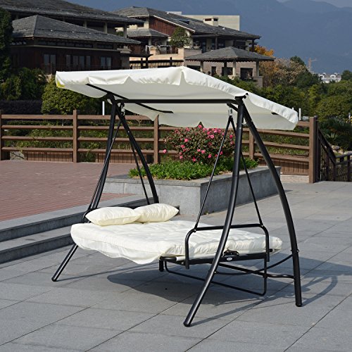 Outsunny Dondolo da Giardino 3 Posti con Tetto Reclinabile Trasformabile Letto in Poliestere Crema 200 x 125 x 170cm - 4
