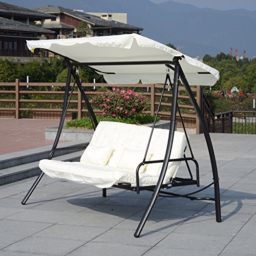 Outsunny Dondolo da Giardino 3 Posti con Tetto Reclinabile Trasformabile Letto in Poliestere Crema 200 x 125 x 170cm - 5