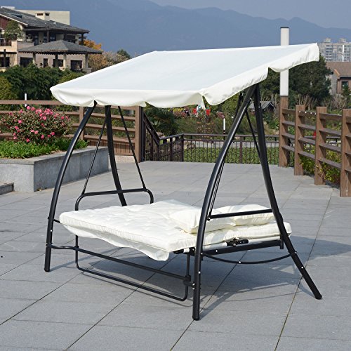 Outsunny Dondolo da Giardino 3 Posti con Tetto Reclinabile Trasformabile Letto in Poliestere Crema 200 x 125 x 170cm - 7