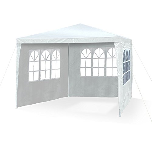 JOM 127134 Gazebo da giardino, 3 x 3 m, con 4 pareti laterali, 3 finestre e 1 porta con chiusura lampo, materiale PE 110G, barre di metallo, giunzioni plastiche, impermeabile, con picchetti e corde di tensione, bianco - 2