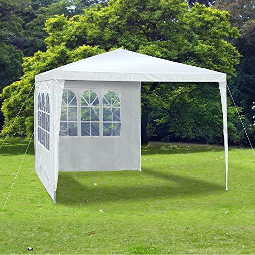 JOM 127134 Gazebo da giardino, 3 x 3 m, con 4 pareti laterali, 3 finestre e 1 porta con chiusura lampo, materiale PE 110G, barre di metallo, giunzioni plastiche, impermeabile, con picchetti e corde di tensione, bianco - 3