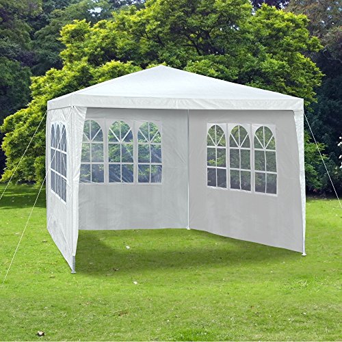 JOM 127134 Gazebo da giardino, 3 x 3 m, con 4 pareti laterali, 3 finestre e 1 porta con chiusura lampo, materiale PE 110G, barre di metallo, giunzioni plastiche, impermeabile, con picchetti e corde di tensione, bianco - 5