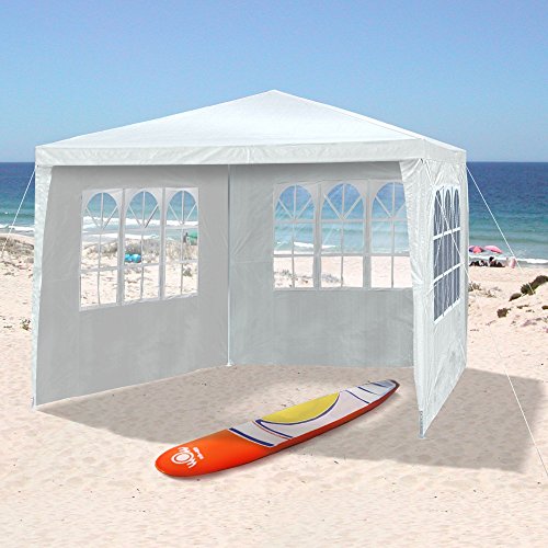 JOM 127134 Gazebo da giardino, 3 x 3 m, con 4 pareti laterali, 3 finestre e 1 porta con chiusura lampo, materiale PE 110G, barre di metallo, giunzioni plastiche, impermeabile, con picchetti e corde di tensione, bianco - 6