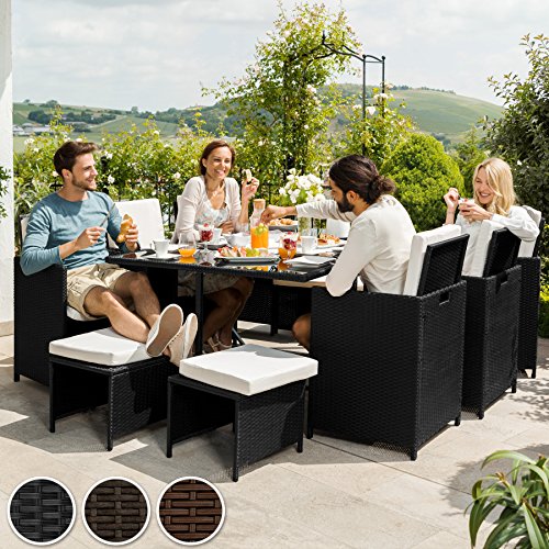 TecTake Set di mobili da giardino poli rattan arredamento set | 6 Sedie + 1 Tavolo + 4 Sgabelli | Involucro protettivo | - disponibile in diversi colori - (Nero | no. 402828) - 3