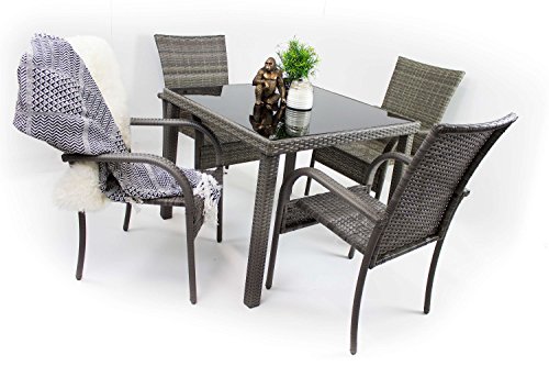 AVANTI TRENDSTORE - Arezzo small - Set da giardino in polirattan grigio, 4 sedie (dimensioni LAP 46x90x62 cm) e 1 tavolo con vetro nero (dimensioni LAP 90x74x90 cm) - 2