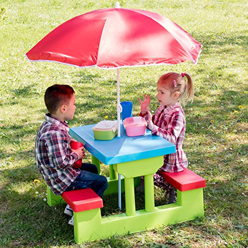 TecTake SET MOBILI DA GIARDINO TAVOLO PER BAMBINI CON PANCHINE INCL. OMBRELLONE - 2