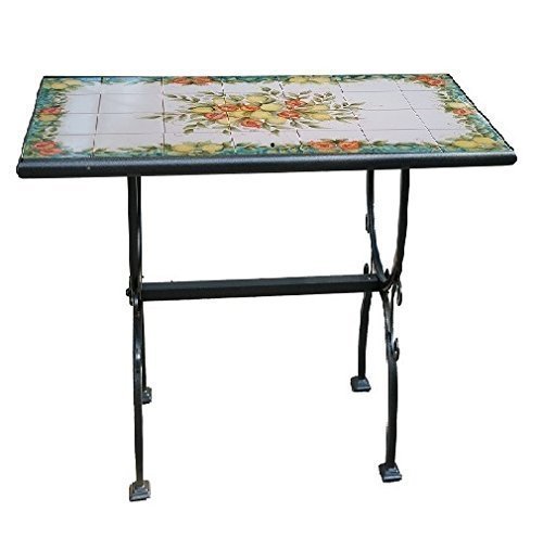 TAVOLO DA ESTERNO IN FERRO BATTUTO E MATTONELLE IN CERAMICA DI VIETRI DIPINTE A MANO; LUNGHEZZA CM. 80, LARGHEZZA CM. 80. - 2