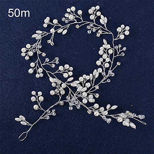 JNCH 50CM Fascia Nuziale Capelli Sposa Donna Accessori Matrimonio Perle Fiori Vite Lunghi Decorazioni (B) - 2
