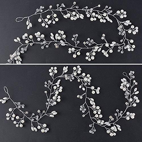 JNCH 50CM Fascia Nuziale Capelli Sposa Donna Accessori Matrimonio Perle Fiori Vite Lunghi Decorazioni (B) - 5