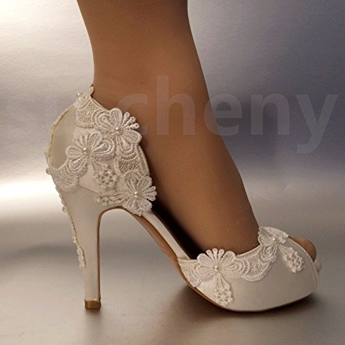 JINGXINSTORE 8 cm/7,6 cm Tacco in Raso Bianco Lace Pearls Open Toe Scarpe da Matrimonio Sposa Taglia 5 – 11, White, 8 US - 2