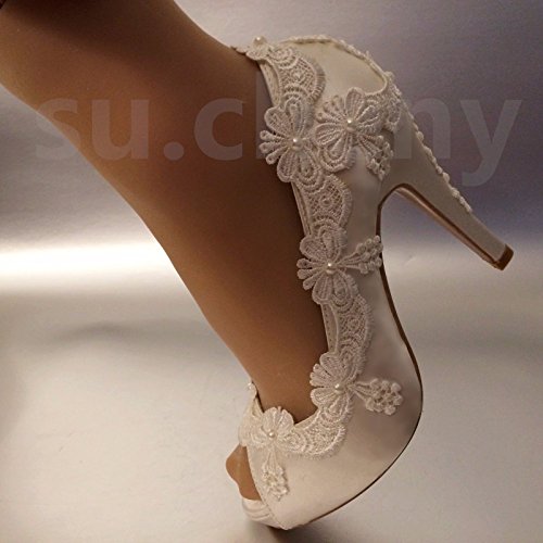 JINGXINSTORE 8 cm/7,6 cm Tacco in Raso Bianco Lace Pearls Open Toe Scarpe da Matrimonio Sposa Taglia 5 – 11, White, 8 US - 4