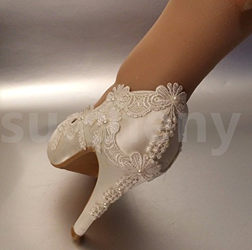 JINGXINSTORE 8 cm/7,6 cm Tacco in Raso Bianco Lace Pearls Open Toe Scarpe da Matrimonio Sposa Taglia 5 – 11, White, 8 US - 6