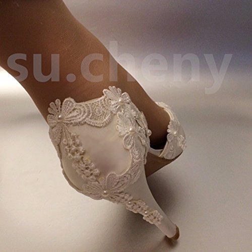 JINGXINSTORE 8 cm/7,6 cm Tacco in Raso Bianco Lace Pearls Open Toe Scarpe da Matrimonio Sposa Taglia 5 – 11, White, 8 US - 7