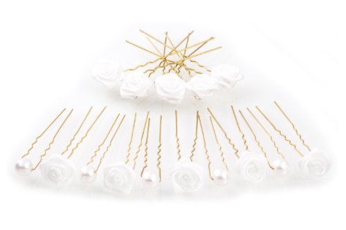 15 Forcine con rose e perle - Accessori per capelli da sposa - Set oro - Bianco - 2