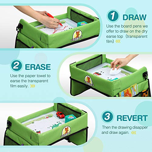Vassoio di viaggio per auto da toddler, Lenbest Travel Snack e Play Tray da viaggio, support per bambini - auto, vassoio, passeggino (verde) - Può disegnare sulla parte superiore - 3