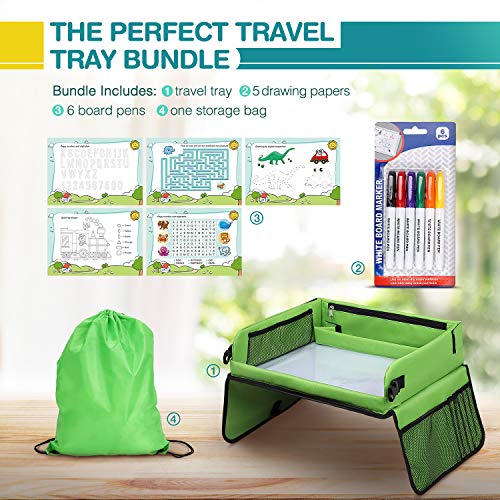 Vassoio di viaggio per auto da toddler, Lenbest Travel Snack e Play Tray da viaggio, support per bambini - auto, vassoio, passeggino (verde) - Può disegnare sulla parte superiore - 4