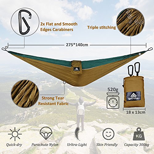 NatureFun Amaca da Campeggio da Viaggio Ultraleggera | Capacità di Carico 300kg,(275 x140 cm) Traspirante, Nylon da Paracadute ad Asciugatura Rapida | 2 x Moschettoni Premium,2 x Corde in Nylon Incluse |Per Esterno Interno Giardino - 2