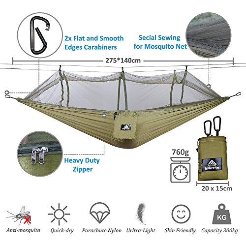 NATUREFUN Amaca da Campeggio da Viaggio| capacità di Carico 300kg,(275 x 140 cm) Traspirante Nylon da Paracadute| 2 x Moschettoni Premium,4 x Corde in Nylon Incluse |per Esterno Interno Giardino - 2