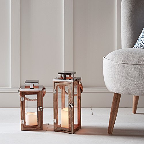 Lights4fun Lanterna in Legno con Candela LED a Pile e Manico di Corda – Grande - 2