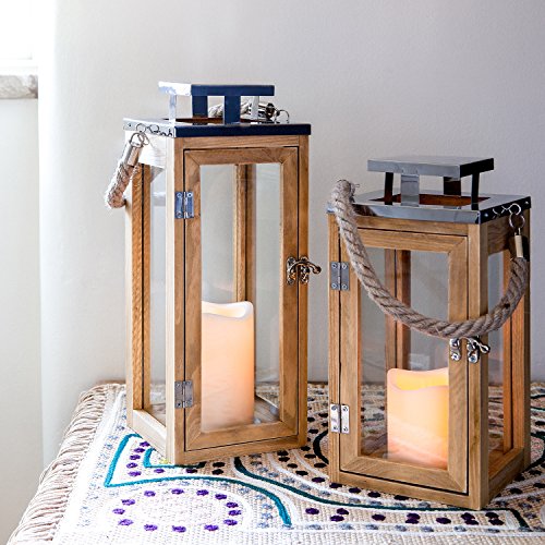 Lights4fun Lanterna in Legno con Candela LED a Pile e Manico di Corda – Grande - 3